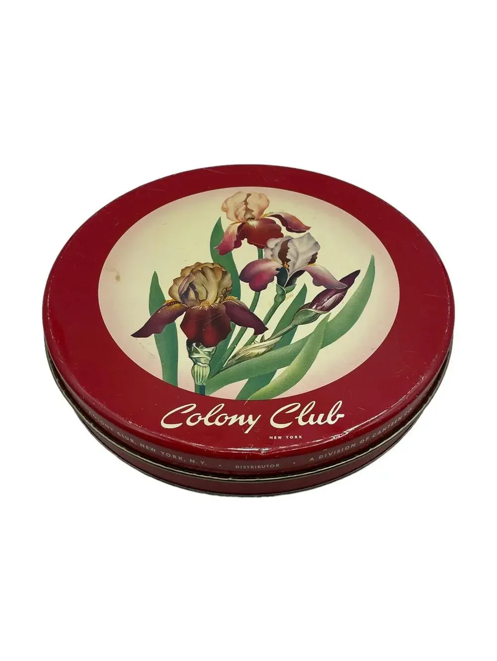 Vintage Colony Club Candy Tin: Red Iris Floral Metal Storage Box